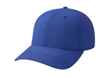 Görüntü düzgün tasarlanmış mavi bir beysbol şapkası, düz bir kenarı ve görünür dikişleri olan yapılandırılmış bir tacı gösteriyor. Şapka yumuşak bir kumaştan yapılmış gibi görünüyor, muhtemelen günlük ya da spor kıyafetleri için yapılmış. Rengi sert, vibran.