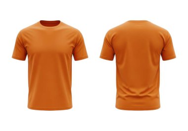 Görüntü, düz turuncu, kısa kollu, yakası yuvarlak ve ince yakalı bir tişört gösteriyor. Ön ve arka görüntüler beyaz bir arkaplan karşısında yan yana sergileniyor, kumaş dokusu ve uyumu vurgulanıyor. Tişörtün kumaşı...
