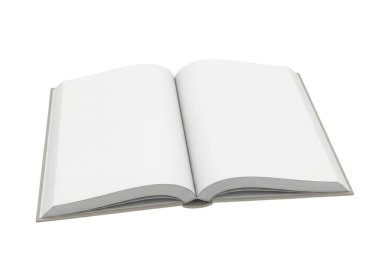 Görüntü düz bir şekilde uzanan açık bir kitabı, görünür sayfa kenarları ve açık gri bir omurgası olan iki boş beyaz sayfayı gösteriyor. Kitap orta büyüklükte gibi görünüyor, düz, beyaz bir arkaplanda dinleniyor, dikkat dağıtıcı bir şey ya da ek nesneler olmadan.