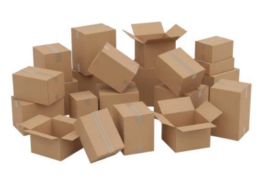 Görüntü farklı boyutlarda ve karton kutulardan oluşan bir yığın gösteriyor, bazıları açık ve bazıları rastgele dağılmış. Kutular yükseklik, genişlik ve derinlik olarak farklılık göstererek, karışık bir envanter ya da depolama durumu hissi veriyor. Bu tür kutular