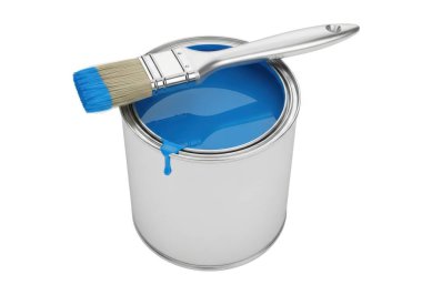 Görüntü, parlak mavi boyayla dolu bir kovaya kısmen batırılmış bir boya silindirini gösteriyor. Boya yeni karıştırılmış ve kullanılmaya hazır görünüyor. Tekerleğin kenarından biraz boya damlıyor..