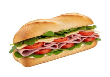 Görüntü, jambon dilimleri, taze marul yaprakları ve olgun domates dilimleriyle dolu tost ekmeğinden oluşan bir sandviçi gösteriyor. Sandviç temiz bir sunumla düzgün bir şekilde düzenlenmiş gibi görünüyor..