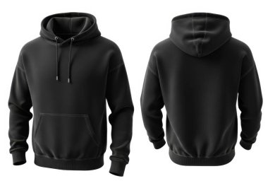 Görüntü, ön kanguru cebi ve askılı kapüşonlu siyah bir sweatshirt 'ü gösteriyor. Kumaş yumuşak ve rahat görünüyor. Günlük giysi ya da dinlenme için ideal. Ön tarafta basit, temiz bir tasarım ve kaputu olan bir tasarım var.