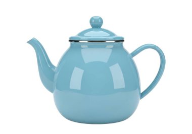 Bu resim zarif, açık mavi seramik çaydanlığı gösteriyor. Yuvarlak bir gövdesi, sağlam bir sapı ve üzerinde bir finali olan kubbeli bir kapağı var. Çaydanlığın parlak, parlak bir sonu ve basit ama sofistike bir tasarımı var. Bu da her iki fonksiyona da uygun.