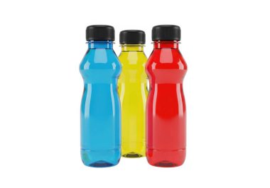 Görüntü, her biri farklı renklerde sıvıyla doldurulmuş, siyah kapaklı üç şeffaf plastik şişe gösteriyor. Şişeler bir sırada, ilk şişede mavi sıvı, ikincisinde sarı sıvı ve üçüncüde kırmızı likör var.