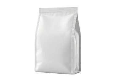 Görüntü, yiyecek, kahve veya diğer kuru gıdaları paketlemek için kullanılan, yeniden mühürlenebilir bir kapaklı, ayakta duran beyaz bir keseyi gösteriyor. Kese dik, düz beyaz bir zemine karşı tek başına duruyor, basit ve temiz tasarımı vurguluyor..