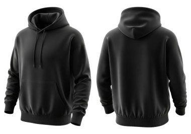 Görüntü, rahat bir şekilde tasarlanmış siyah kapüşonlu bir sweatshirt gösteriyor. Ön kanguru cebi, askılı başlık ve iki kolunda da tırtıklı kelepçe var. Kumaş yumuşak ve gündelik ya da atletik giysiler için uygun görünüyor.