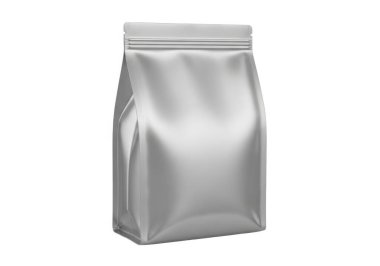 Bu resim, dik duran parlak, metalik, yeniden mühürlenebilir bir kese gösteriyor. Kese parlak, yansıtıcı bir maddeden yapılmış gibi görünüyor. Muhtemelen gıda depolama veya paketleme ürünleri için yapılmış. Tepede fermuar kapağı var, tazelik sağlıyor.