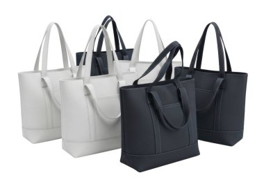 Görüntü, her birinin sağlam bir sapı ve basit bir tasarımı olan dört çantanın yan yana dizilişini gösteriyor. Çantalar üç farklı renkte geliyor: ikisi açık krem rengi, biri siyah, biri koyu gri. Bu çantalar durağandan yapılmış gibi görünüyor.