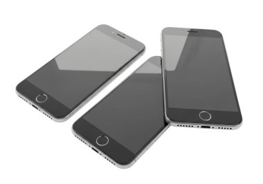 Görüntü, arka planda üçgen bir formasyonda birbirine yakın üç akıllı telefonu gösteriyor. Her cihaz, muhtemelen aynı üreticiye ait benzer bir tasarıma sahip parlak, metalik bir model gibi görünüyor. Ekranlar siyah, yansıtıyor.