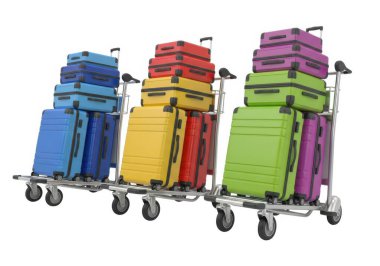 Resim, her biri mavi, turuncu, mor, yeşil ve sarı gibi parlak renklerde bavullar taşıyan üç havaalanı bagaj arabasını gösteriyor. Bavulların boyutları ve tasarımı farklı. Bu da farklı yolculuk ve seyahatler için hazırlandıklarını gösteriyor.