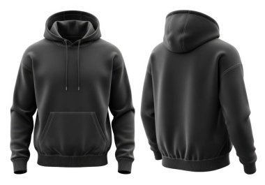 Görüntü koyu gri kapüşonlu bir sweatshirt 'ü gösteriyor. Ön kanguru cebi ve askılı başlık ile tasarlanmış. Tişörtte tırtıklı kelepçeler ve bel bandı var, rahat bir uyum sağlıyor. Kumaş yumuşak ve rahat giyinmek için uygun görünüyor.