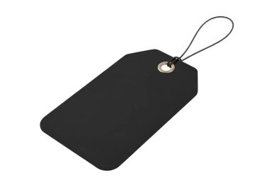 Görüntü yuvarlak köşeli dikdörtgen siyah bir etiketi gösteriyor, üstte asılı veya bağlanmak için metalik bir halka var. Etiket sağlam bir malzemeden yapılmış gibi görünüyor, muhtemelen plastik ya da kartondan, ve temiz, minimalist bir tasarımı var.