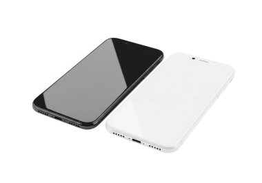 Görüntü iki akıllı telefonun yan yana yerleştirildiğini gösteriyor, biri siyah mat kaplama, diğeri ise beyaz mat kaplama. Her iki telefon da aynı modele benziyor, muhtemelen dizayn ipuçlarına dayalı bir iPhone, ve di 'yi vurgulamak için konumlandırılmış.