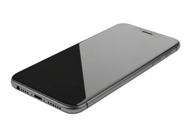 Görüntü, şık tasarımını vurgulayan bir akıllı telefonu belli bir açıda gösterir. Arka panel parlak bir kapak ile siyahtır, ışığı yansıtır, ona prim ve modern bir görünüm verir. Kenarları kıvrımlı ve cihazda bir dakika var gibi görünüyor.