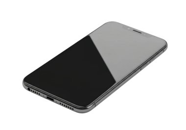 Görüntü, gösterişli, kıvrımlı kenarlı minimalist bir tasarıma sahip modern bir akıllı telefon sergiliyor. Cihazın ağırlıklı olarak siyah ön paneli ve şu anda kapalı olan büyük yansıtıcı ekranı var. Sırtında bir doku var gibi görünüyor, mat.