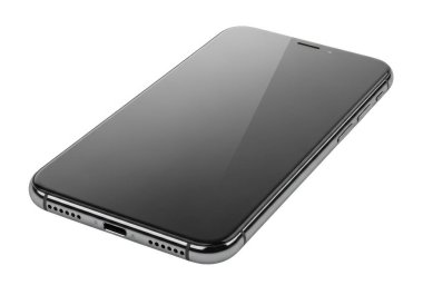 Bu resim, parlak siyah kaplamalı modern bir akıllı telefonun arka görüntüsünü sergiliyor. Cihazın dikey hizalanmış kamera modülü, flaş ve mikrofon ile simetrik bir düzeni var. Kenarları pürüzsüz ve eğimli, pürüzsüz ve ön