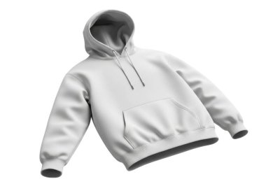 Görüntü düz beyaz kapüşonlu bir sweatshirt 'ü bembeyaz bir arka plana yaslanmış olarak gösteriyor. Tişörtte askılı bir kaput, ön kanguru cepleri ve rahat bir şekilde uzun kollar var. Kumaş yumuşak ve yumuşak görünüyor.