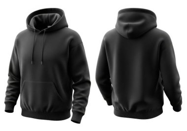 Görüntü, hem önden hem de arkadan görülen siyah kapüşonlu bir sweatshirt 'ü gösteriyor. Tişörtte rahat bir forma, ön kanguru cebi, uzun kollu ve askılı bir başlık var. Gündelik giysiler için yumuşak ve uygun görünüyor.