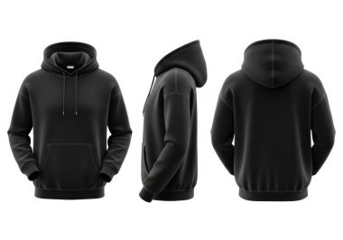 Görüntü, birden fazla açıdan siyah kapüşonlu bir sweatshirt 'ü ön ceplerini, askılı kapüşonunu ve rahat formasını gösteriyor. Kumaş yumuşak ve gündelik giysiler veya atletik aktiviteler için uygun görünüyor. Kapüşonlunun klasik bir tasarımı var.