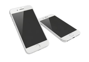 Görüntü, düz beyaz bir arkaplana karşı yan yana yerleştirilmiş iki özdeş akıllı telefonu gösteriyor. Her iki cihazın da ön yüzlü kamerası, ev düğmesi ve fiziksel ekran kenarlığı olan minimalist bir tasarımı var. Telefonlar kapalıymış gibi görünüyor.