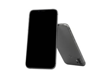 Görüntü, gümüş koruyucu çantasının yanına dikey olarak yerleştirilmiş siyah renkli modern bir akıllı telefonu gösteriyor. Telefon ve çantanın arkası görünür, tasarım ve materyal farklılıklarını vurguluyor. Telefonun parlak, minimalist bir görüntüsü var.