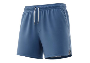 Görüntü, yumuşak bir kumaştan yapılmış açık mavi atletik bir şortu gösteriyor. Şortun ayarlanabilir bir uyum için kemeri, sağ bacağında küçük bir logosu ve kolaylık için iki yan cebi var. Tasarım uygun görünüyor.