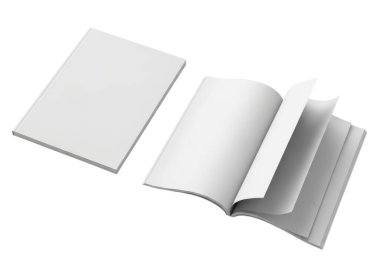 Resim, solunda boş sayfaların olduğu el değmemiş, beyaz bir defter ve sağında pürüzsüz, çizilmemiş kağıtları gösteren açık bir sayfa gösteriyor. Defter, basitliğini vurgulayan ince ve esnek bir materyalden yapılmış gibi görünüyor.