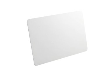 Resim, bir grafik tableti veya çizim tableti gibi görünen düz, beyaz dikdörtgen bir cihaz gösterir. Pürüzsüz, parlak bir yüzey ve dijital sanat, tasarım veya not alma amacı için kullanılan minimalist bir tasarım ile çapraz olarak konumlandırılmıştır.