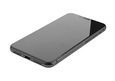 Görüntü, şık ve minimalist tasarımını gösteren bir akıllı telefonu bir açıyla gösteriyor. Cihaz yuvarlak kenarlı ve mat siyah çerçeveli büyük bir yansıtıcı ekrana sahiptir. Telefonun arkası pürüzsüz, görülebilir düğmeleri yok.