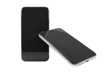 Görüntü yan yana yerleştirilmiş iki şık akıllı telefonu gösteriyor. Bir telefon dik, diğeri sırt üstü yatarken, her ikisi de minimalist tasarımlarını ince bezelyeler ve parlak bir kaplamayla sergiliyor. Ekranlar siyah, bu da siyah olduklarını gösterir.