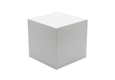 Görüntü pürüzsüz, mat yüzeyli ve tek renk açık gri renkli üç boyutlu bir küp gösteriyor. Küp uzayda düz beyaz bir zemin üzerinde süzülüyor gibi görünüyor, minimalist ve modern bir estetik yaratıyor. Doku yok, gölge yok.