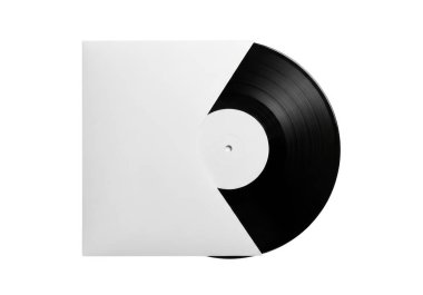 Görüntü, beyaz bir kolun ve çantanın içine çapraz yerleştirilmiş siyah bir vinil plağı gösteriyor. Plağın plağı kısmen görülebilir, etiket tarafı yukarıda ve çalma kısmı aşağıda. Minimalist tasarım siyahlar arasındaki zıtlığı vurgular.