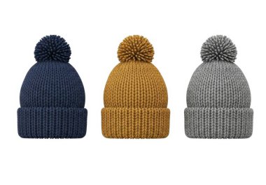 Resimde, her birinin üstünde bir ponpon bulunan üç adet örülmüş bere yer alıyor. Soldan sağa, ilk bere koyu lacivert, ikincisi sıcak hardal sarısı, üçüncüsü ise yumuşak kenevir grisi. Bu tespihler bir sof 'dan yapılmış gibi görünüyor.