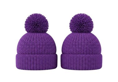 Görüntü, üzerinde katlanmış bir başlık ve pofuduk bir ponpon bulunan birbirine tıpatıp benzeyen iki adet mor boncuk gösteriyor. Bu şapkalar muhtemelen yumuşak, sıcak iplikten yapılmış, soğuk hava için ideal. Basit ama stil sahibi tasarımları onları her ikisi için de çok yönlü kılıyor.