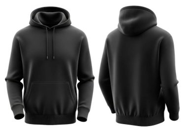 Bu resim hem önden hem de arkadan görülen koyu gri kapüşonlu bir sweatshirt 'ü gösteriyor. Tişörtte klasik bir yaka, uzun kollar, ön kanguru cepleri ve askılı bir başlık var. Kumaş yumuşak ve esneyebilir görünüyor, sıradan ya da sıradan görünmek için ideal.