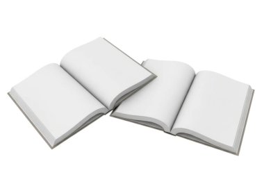 Resim, çapraz dizilmiş üç boş, beyaz kitabı gösteriyor. Her biri boş sayfaları ortaya çıkarmak için açılmış. Kitaplar, düz beyaz bir arkaplana karşı görsel olarak çekici ve hafifçe örtüşen bir şekilde yerleştirilmiştir..
