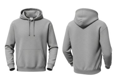 Bu resim rahat, gri kapüşonlu bir sweatshirt 'ün ön ve arka görünüşünü gösteriyor. Tişörtte askılı bir kaput, uzun kollu ve iki ön cebi var. Kumaş yumuşak ve rahat, günlük giysi için uygun görünüyor, hem sıcak hem de rahat.