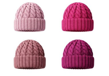 Görüntü, 2x2 'lik bir ızgarada sıralanmış dört örgü takkeyi gösteriyor. Sol üst bere yumuşak bir açık pembe, tırtıklı bir desen, sağ üst kısmı ise kablo örgü desenli canlı bir mordur. Sol alttaki bere, soluk bir gül rengidir.