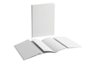 Resim, açık beyaz bir kitapçığın ya da düz bir broşürün yanında duran kapalı beyaz bir defter veya defteri gösteriyor. Açık kitapçığın sayfaları kenarlarda hafifçe kıvrılmış ve tüm sahne düz beyaz bir arkaplan üzerine kuruludur..