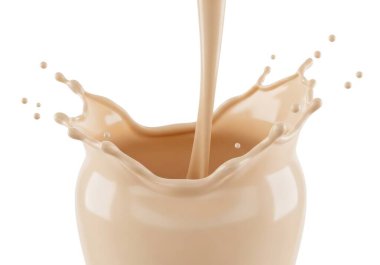 Görüntü cam bir kabın yakın çekimini gösteriyor. Sabit bir kremalı süt akıntısı alıyor, pürüzsüz ve akıcı bir sıçrama oluşturuyor. Süt zengin ve beyaz görünüyor, taze ve muhtemelen soğuk olabilir. Konteynerin basit, silindirik bir silindiri var.