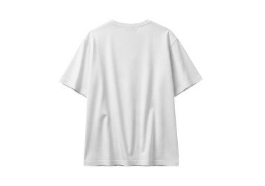 Bu resim, arkadan görülen sade, minimalist, kısa kollu beyaz bir tişörtü gösteriyor. Tişörtte hafif bir omuz, küçük yuvarlak bir yaka ve kısa kollu rahat bir uyum yer alıyor. Kumaş yumuşak görünüyor ve pürüzsüz bir dokusu var.