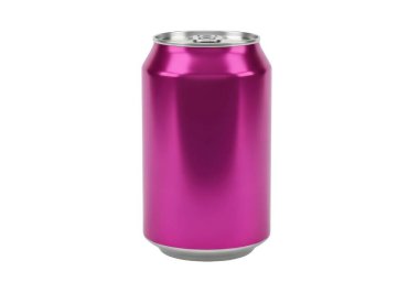 Görüntü, metalik parıltılı, yansıtıcı pembe bir teneke kutu gösteriyor. Kutunun pürüzsüz bir yüzeyi ve merkezde bir çekme sekmesi var. Bu da muhtemelen bir içecek kabı olduğunu gösteriyor. Arka plan bembeyaz, Vi 'ye tamamen zıtlık sağlıyor.