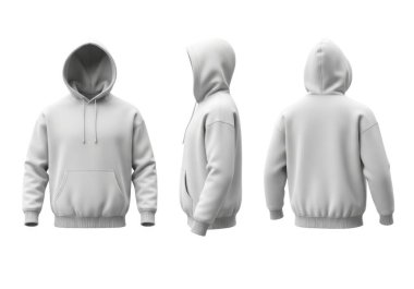 Görüntü düz, açık gri kapüşonlu bir kapüşonlunun önden, yandan ve arkadan görünüşünü gösteriyor. Kapüşonlunun ön cebi, askılı başlığı ve tırtıklı kolları ve kenarları var. Kumaş yumuşak ve hafif desenli, gündelik kıyafet için uygun görünüyor.