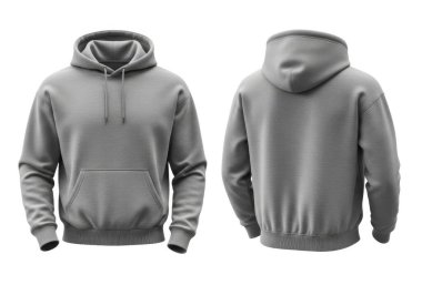 Görüntü, hem önden hem de arkadan çekilmiş gri kapüşonlu bir sweatshirt 'ü gösteriyor. Tişörtte askılı bir kaput, uzun kollu ve ön cebi var. Kumaş yumuşak ve günlük giysi veya dinlenme için uygun görünüyor..