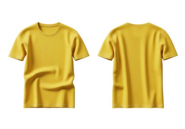 Görüntü, kısa kollu ve yuvarlak yakalı parlak sarı bir tişört gösteriyor. Basit tasarımı ve kumaş dokusunu vurgulayarak, düz beyaz arkaplana karşı hem ön hem de arka perspektiften gösterilir.