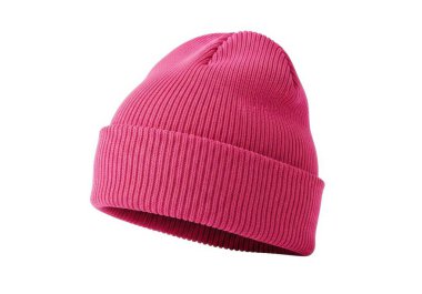 Görüntü, parlak pembe bir şapkayla örülmüş rahat bir bereyi gösteriyor. Şapka yumuşak, dokulu bir kumaştan yapılmış gibi görünüyor. Basit, yuvarlak bir şekil ve rahat bir uyumla tasarlanmış. Sade, beyaz bir arkaplan üzerinde gösterilir, kol vurgulanır