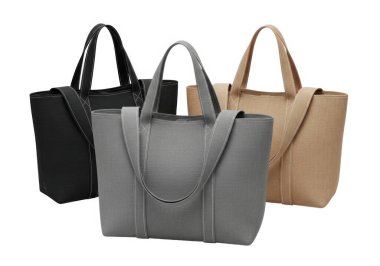 Bu resim yan yana dizilmiş üç şık çanta sergiliyor. Her çanta, sağlam bir sapı ve geniş bir ana bölmesi olan basit ama sofistike bir tasarıma sahip. Poşetler üç farklı renkte sunuluyor: siyah, gri ve bej rengi.,