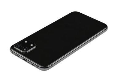 Bu resim, parlak siyah bir çerçeve ve mat siyah bir arka panele sahip modern bir akıllı telefonun dikiz görüntüsünü gösterir. Cihazın sol üst köşesinde bir flaş ve mikrofon eşliğinde dikey olarak yerleştirilmiş çift kameralı bir düzeneği var. Telefon çalıyor.