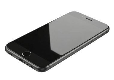 Görüntü, geniş yansıtıcı bir ekran içeren siyah bir ön kaplaması ve arka kaplaması olan modern bir akıllı telefonu gösteriyor. Cihaz bir açıyla yerleştirilmiş, minimalist tasarımını ve parlak görünümünü düz beyaz arka planda gösteriyor,